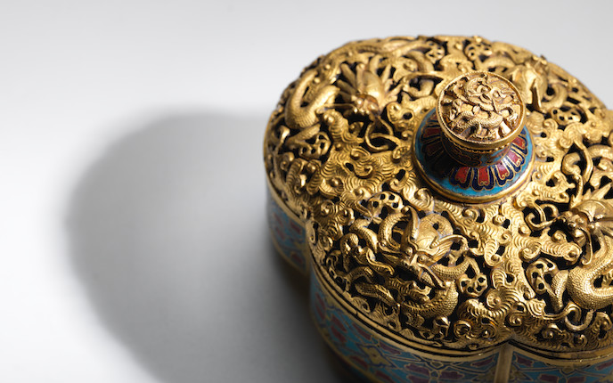 Bonhams : A very rare Imperial cloisonné enamel and openwork gilt-bronze  'five-dragon' box and cover Incised Qianlong six-character mark and of the  period (3)