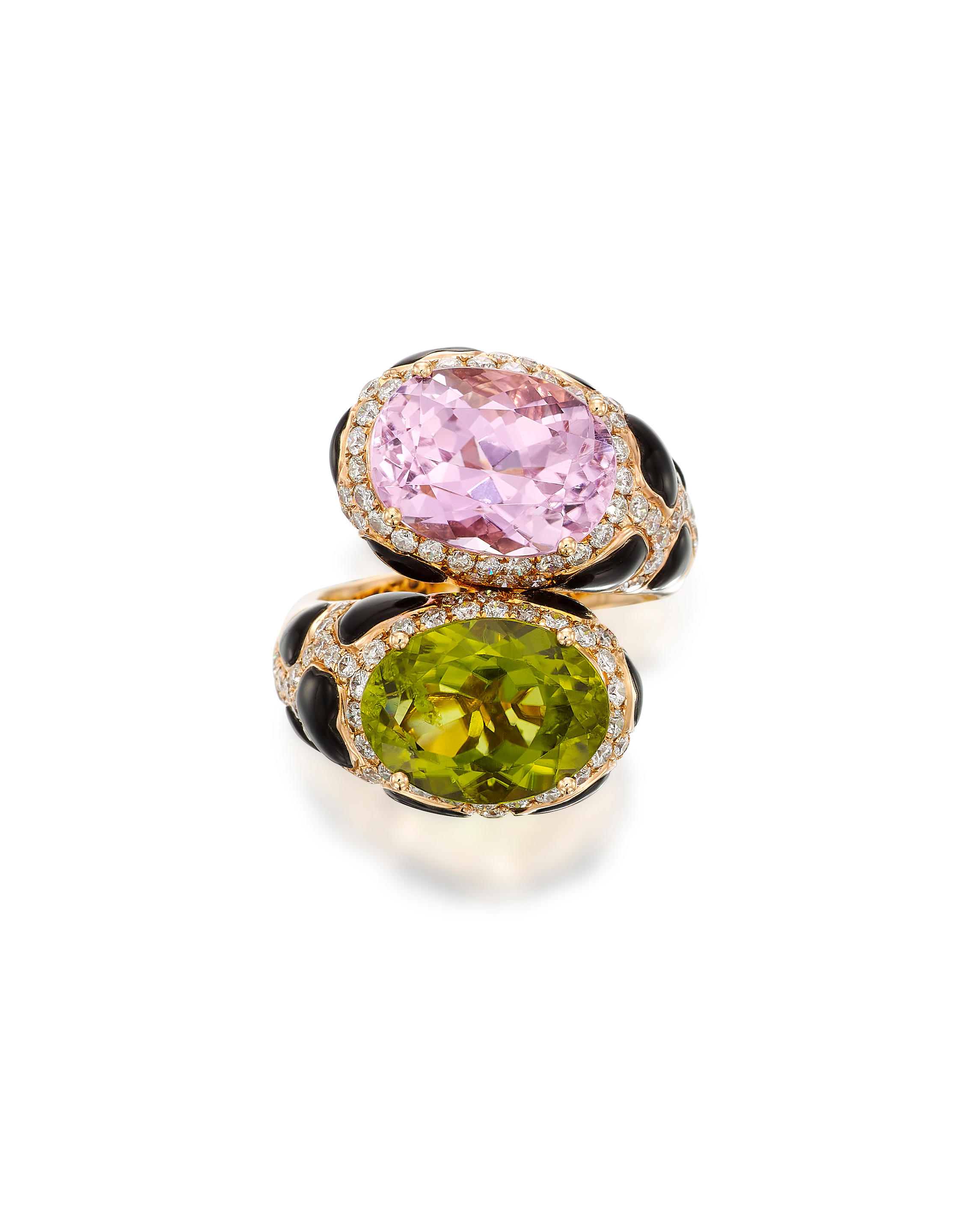 Bonhams : KUNZITE, PERIDOT, ONYX AND DIAMOND BYPASS RING