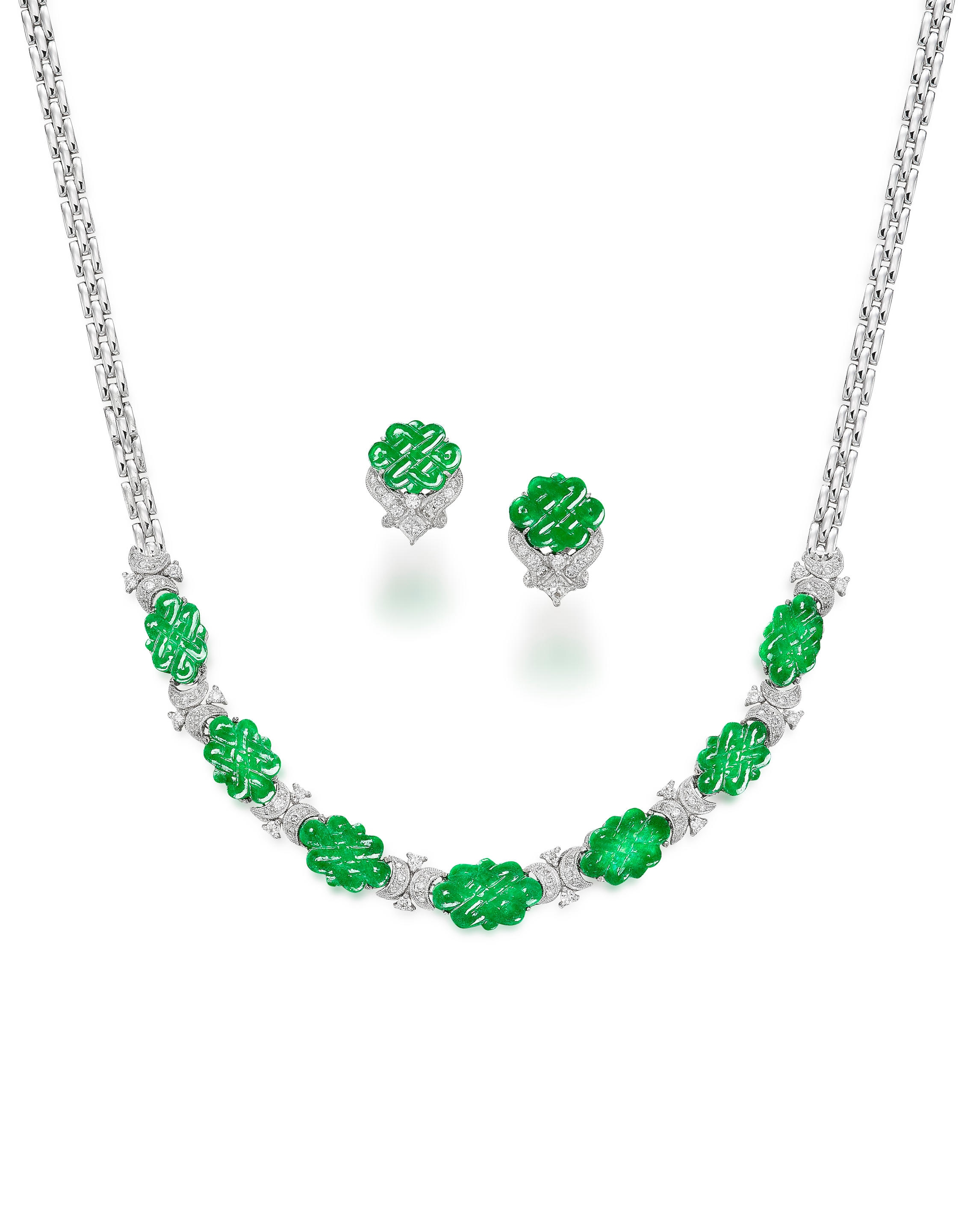 Bonhams : JADEITE AND DIAMOND 'ENDLESS KNOT' NECKLACE AND EARSTUD SET (2)