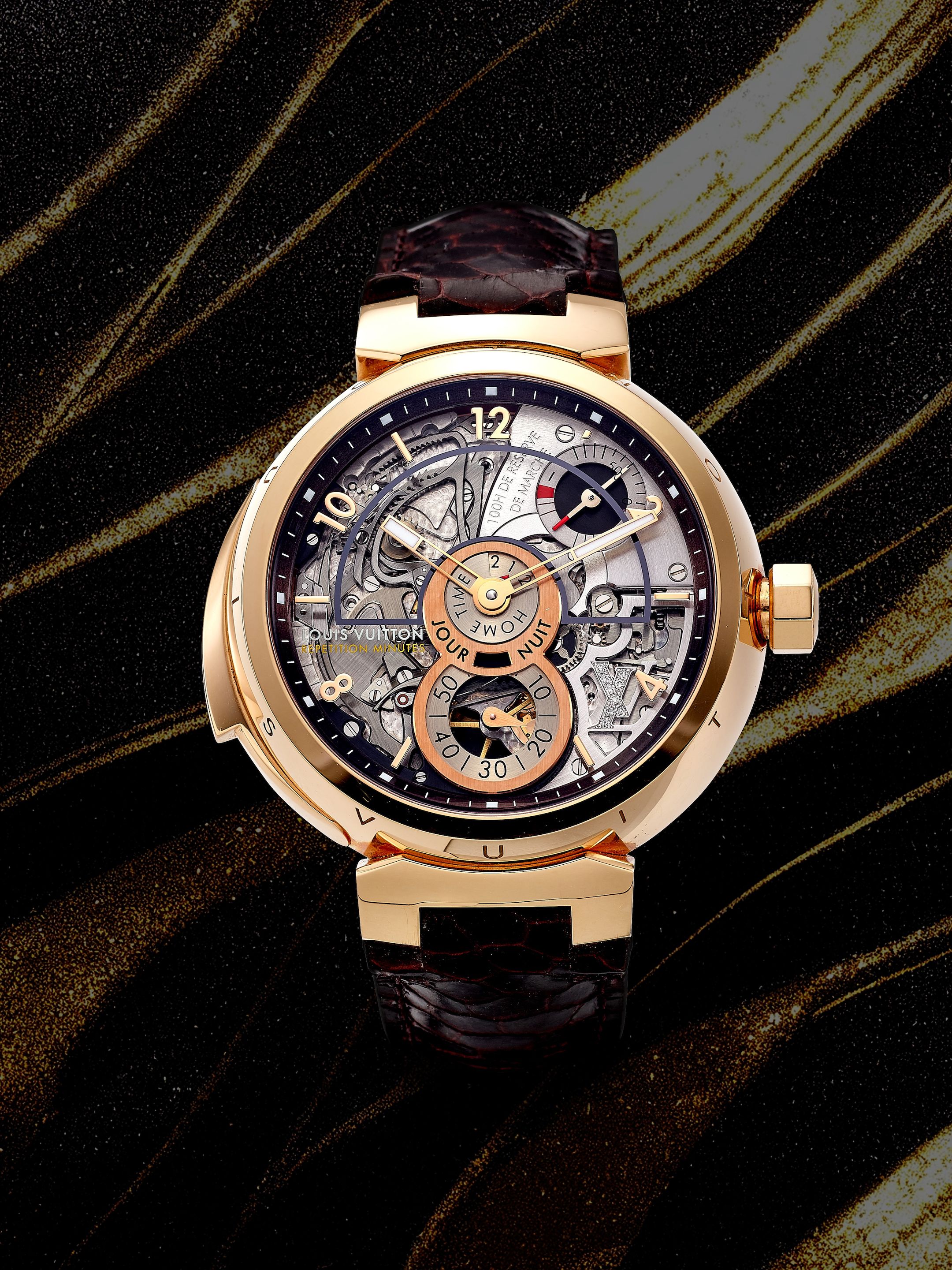 LOUIS VUITTON | TAMBOUR - REPETITION MINUTES, REF.Q1BH30, A  SEMI-SKELETONISED PINK GOLD DUAL TIME MINUTE REPEATING WRISTWATCH WITH  POWER RESERVE INDICATOR AND DIAMOND-SET LOGO, CIRCA 2016 ... - Bonhams